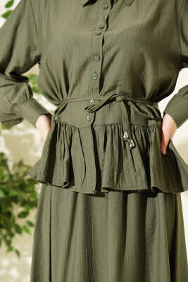 Fırfırlı İp Bağcıklı Etekli İkili Takım Haki - İkili Takım