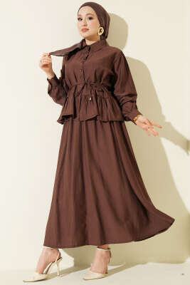 Fırfırlı İp Bağcıklı Etekli İkili Takım Kahve - HBS