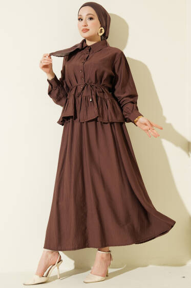 Fırfırlı İp Bağcıklı Etekli İkili Takım Kahve - İkili Takım