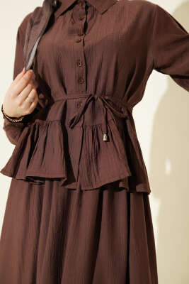 Fırfırlı İp Bağcıklı Etekli İkili Takım Kahve - İkili Takım