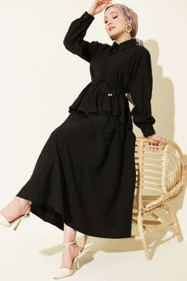 Fırfırlı İp Bağcıklı Etekli İkili Takım Siyah - HBS