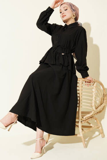 Fırfırlı İp Bağcıklı Etekli İkili Takım Siyah - İkili Takım