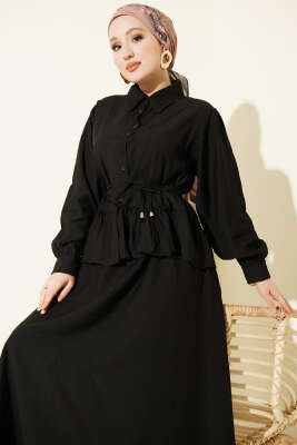 Fırfırlı İp Bağcıklı Etekli İkili Takım Siyah - İkili Takım