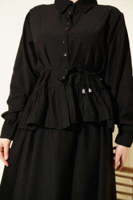 Fırfırlı İp Bağcıklı Etekli İkili Takım Siyah - İkili Takım