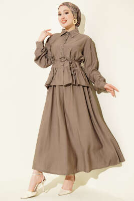 Fırfırlı İp Bağcıklı Etekli İkili Takım Vizon - HBS