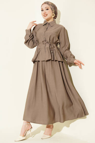 Fırfırlı İp Bağcıklı Etekli İkili Takım Vizon - İkili Takım