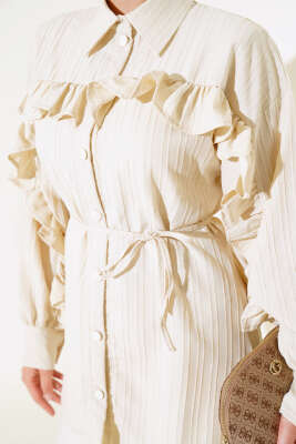 Fırfırlı İp Bağcıklı Gömlek Bej - Gömlek