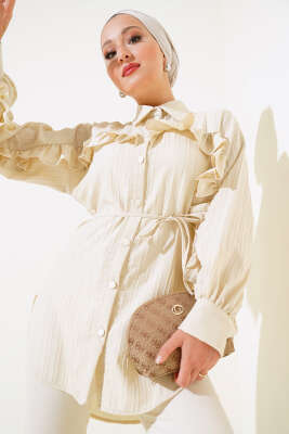 Fırfırlı İp Bağcıklı Gömlek Bej - TABLO FASHİON