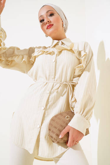 Fırfırlı İp Bağcıklı Gömlek Bej - Gömlek