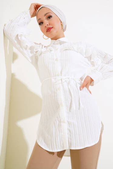 Fırfırlı İp Bağcıklı Gömlek Ekru - Gömlek