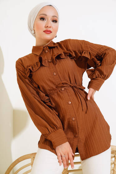 Fırfırlı İp Bağcıklı Gömlek Kahve - Gömlek