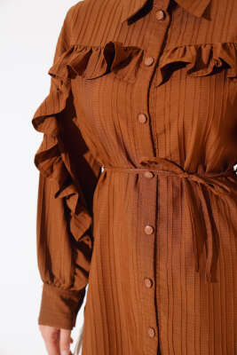 Fırfırlı İp Bağcıklı Gömlek Kahve - Gömlek