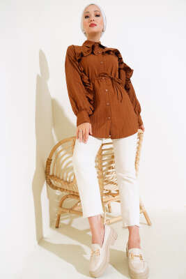 Fırfırlı İp Bağcıklı Gömlek Kahve - Gömlek
