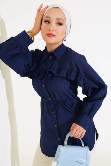 Fırfırlı İp Bağcıklı Gömlek Lacivert - Gömlek