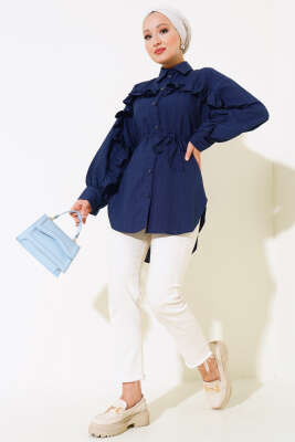 Fırfırlı İp Bağcıklı Gömlek Lacivert - Gömlek