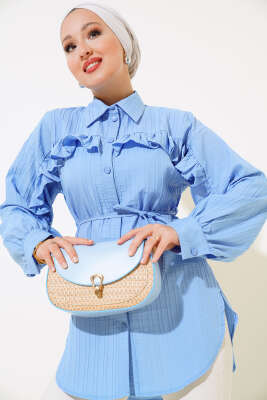 Fırfırlı İp Bağcıklı Gömlek Mavi - TABLO FASHİON