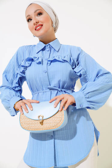 Fırfırlı İp Bağcıklı Gömlek Mavi - Gömlek