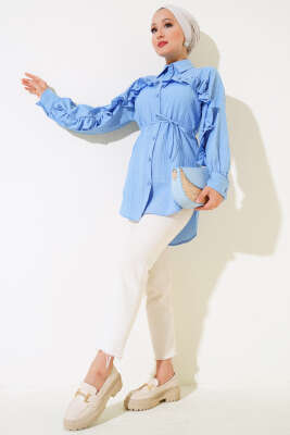 Fırfırlı İp Bağcıklı Gömlek Mavi - Gömlek