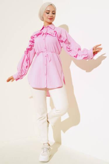 Fırfırlı İp Bağcıklı Gömlek Pembe - Gömlek