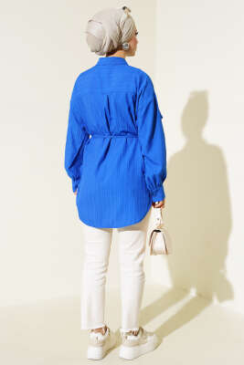 Fırfırlı İp Bağcıklı Gömlek Saks - Gömlek