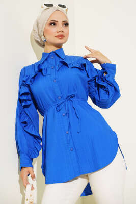 Fırfırlı İp Bağcıklı Gömlek Saks - TABLO FASHİON