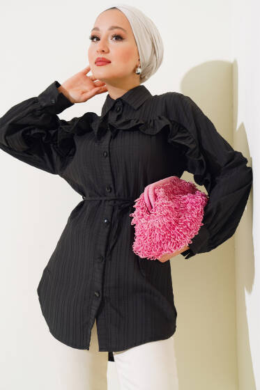 Fırfırlı İp Bağcıklı Gömlek Siyah - Gömlek