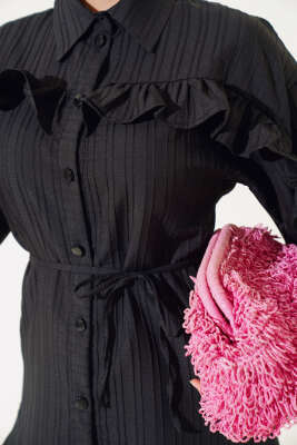 Fırfırlı İp Bağcıklı Gömlek Siyah - Gömlek