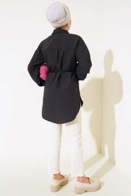 Fırfırlı İp Bağcıklı Gömlek Siyah - Gömlek