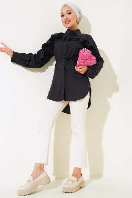 Fırfırlı İp Bağcıklı Gömlek Siyah - Gömlek