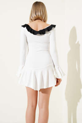 Fırfırlı İp Bağcıklı Mini Elbise Ekru - Kadın Giyim Modelleri