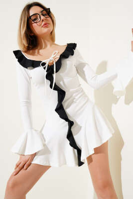 Fırfırlı İp Bağcıklı Mini Elbise Ekru 