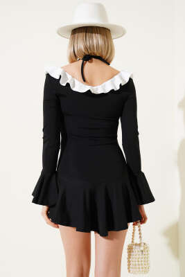 Fırfırlı İp Bağcıklı Mini Elbise Siyah - Kadın Giyim Modelleri