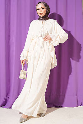 Fırfırlı İp Bağcıklı Şifon İkili Takım Bej - İkili Takım