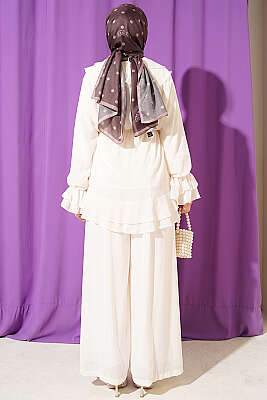 Fırfırlı İp Bağcıklı Şifon İkili Takım Bej - İkili Takım