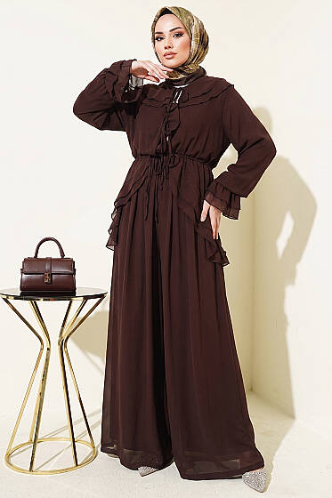 Fırfırlı İp Bağcıklı Şifon İkili Takım Kahve - İkili Takım