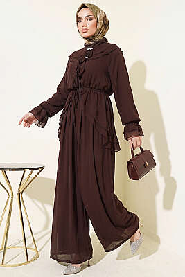 Fırfırlı İp Bağcıklı Şifon İkili Takım Kahve - İkili Takım