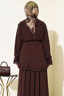 Fırfırlı İp Bağcıklı Şifon İkili Takım Kahve - İkili Takım