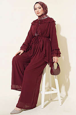 Fırfırlı İp Bağcıklı Şifon İkili Takım Mürdüm - HEWES