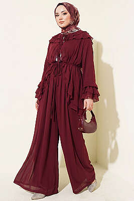 Fırfırlı İp Bağcıklı Şifon İkili Takım Mürdüm - İkili Takım