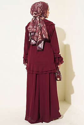 Fırfırlı İp Bağcıklı Şifon İkili Takım Mürdüm - İkili Takım