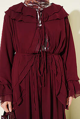 Fırfırlı İp Bağcıklı Şifon İkili Takım Mürdüm - İkili Takım