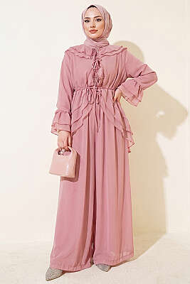 Fırfırlı İp Bağcıklı Şifon İkili Takım Pembe - HEWES