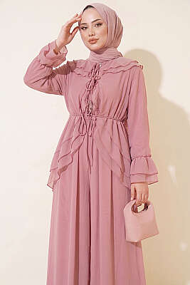 Fırfırlı İp Bağcıklı Şifon İkili Takım Pembe - İkili Takım