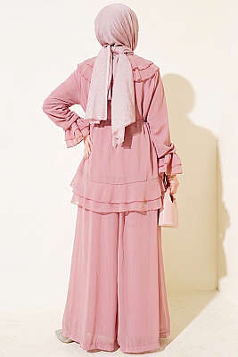 Fırfırlı İp Bağcıklı Şifon İkili Takım Pembe - İkili Takım