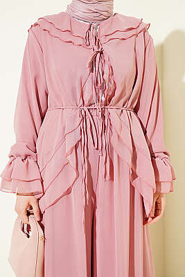 Fırfırlı İp Bağcıklı Şifon İkili Takım Pembe - İkili Takım