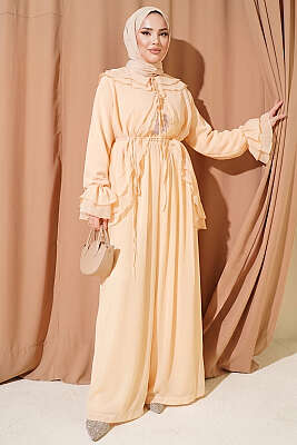 Fırfırlı İp Bağcıklı Şifon İkili Takım Sarı - HEWES