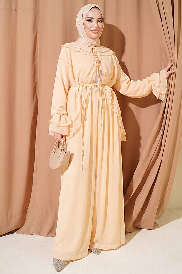 Fırfırlı İp Bağcıklı Şifon İkili Takım Sarı - İkili Takım