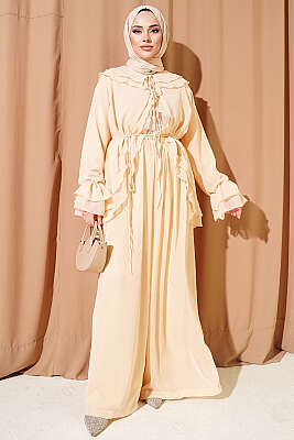 Fırfırlı İp Bağcıklı Şifon İkili Takım Sarı - İkili Takım