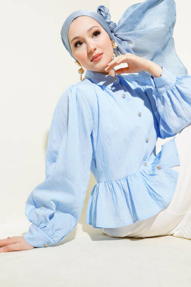 Fırfırlı İp Kuşaklı Kısa Gömlek Bebe Mavi - Gömlek