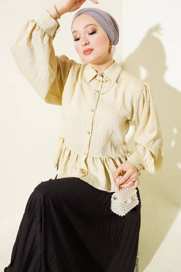 Fırfırlı İp Kuşaklı Kısa Gömlek Bej - Gömlek